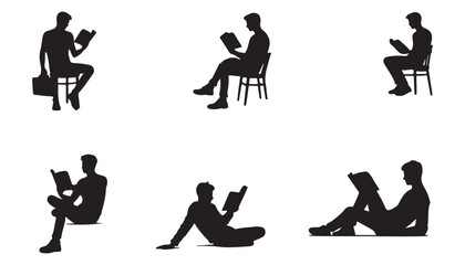 Silhouettes of people reading books standing, sitting and lying vector illustration vector illustration black and white art