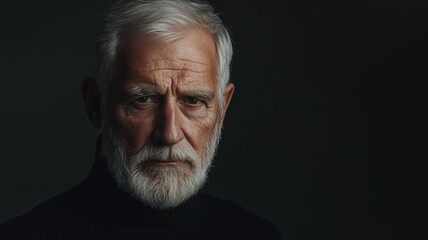 Obraz premium Charismatic elderly man with a silver beard, sharp eyes, dressed in a black turtleneck, soft studio lighting emphasizing the texture of the face, deep cinematic shadows in the background 