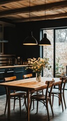 Cozy dining area featuring a wooden table, stylish chairs, and elegant lighting, perfect for modern home decor inspiration.