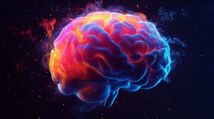 Obraz premium A digital rendering of a human brain, depicted in vibrant blue and orange hues, with particles emanating from it.