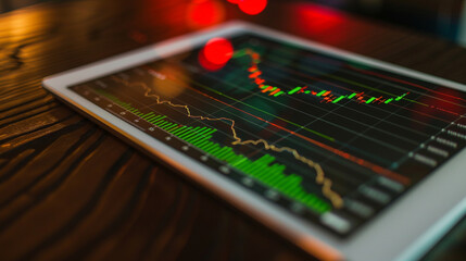 A close shot of a live stock market graph displayed on a tablet, with green and red lines showing market trends.