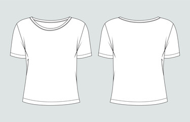 Naklejka premium Short sleeve t shirt tops technical drawing fashion flat sketch vector illustration template for ladies