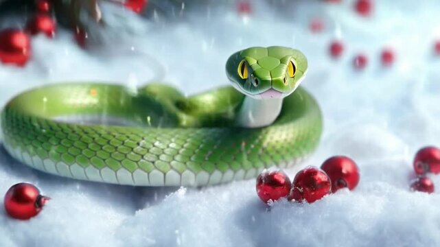 Cute green snake with yellow eyes and red berries on Christmas tree background