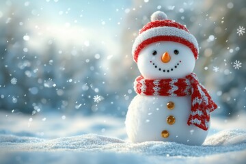 Fototapeta premium Snowman with a red scarf in a snowy scene.