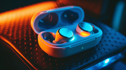 A close shot of modern wireless earbuds resting in their charging case, with the LED light indicating full charge.