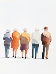 Watercolor Illustration of Elderly Group Walking Together, Back View