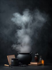 Mysterious Steaming Cauldron with Herbs and Potion Bottles