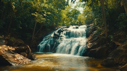 Obraz premium The peaceful surroundings of Sai Yok National Park, with its pristine waterfalls and dense jungle.