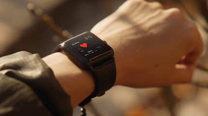 A close-up of a person&acirc;s wrist, wearing a fitness tracker displaying the current heart rate and steps taken.