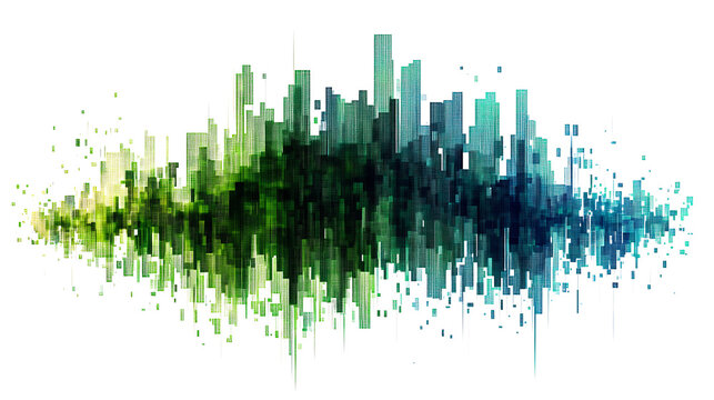 colorful square pixel pattern on white background, tech design concept, A vibrant abstract image featuring a gradual transition from green to white pixels. 