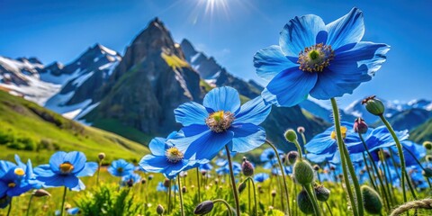 Obraz premium Stunning Blue Meconopsis Flowers Blooming in a Lush Green Alpine Meadow Under Clear Blue Sky