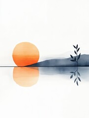 Minimalist Watercolor Sunset Landscape with Reflection