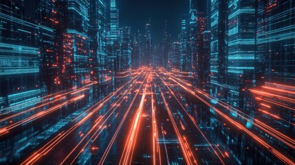 Futuristic Cityscape with Glowing Traffic Lights and Skyscrapers