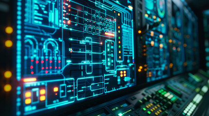 A close shot of a high-tech electric grid control panel, displaying the current flow of electricity in real-time.