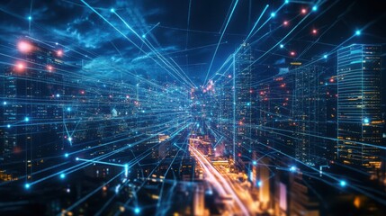 Fototapeta premium Futuristic Cityscape with Glowing Networks and Lights