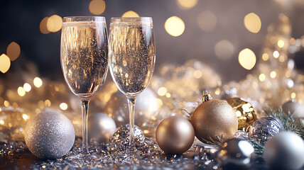 Elegant New Year card with shiny gold and silver embellishments, festive greetings and holiday mood 