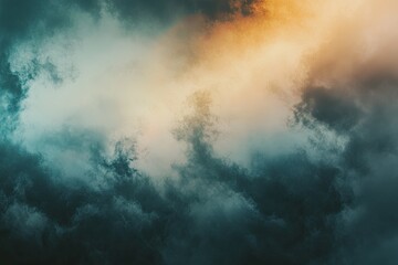 A cloudscape with a faint, dreamy rainbow arching through misty clouds