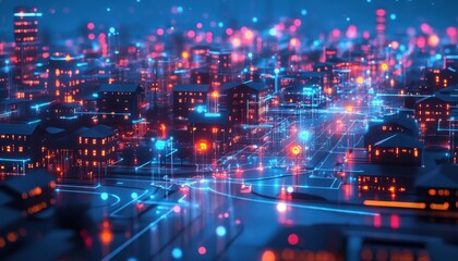 Obraz premium Futuristic Cityscape with Glowing Lights and Digital Networks