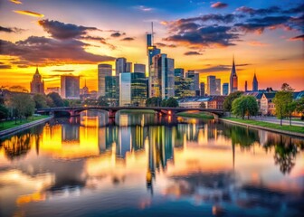 Obraz premium Stunning Frankfurt Skyline Panorama with Modern Architecture and River Reflections at Sunset