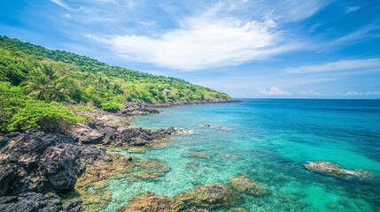 Fototapeta premium The stunning coral reefs at Koh Larn, a small island near Chonburi, perfect for snorkeling and diving.