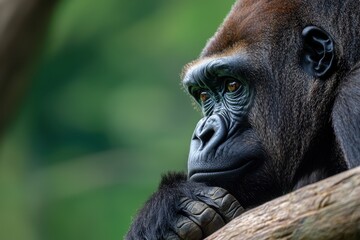 Obraz premium Gorilla resting on a branch, thoughtful expression, blurred green background