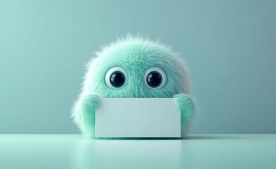 Obraz premium Illustration professionnelle originale, mascotte bleue-verte monstre mignonne et colorée, mockup étiquette blanche