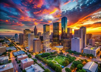 Stunning Houston Cityscape at Dusk with Skyscrapers Illuminated Against a Vibrant Sunset Sky