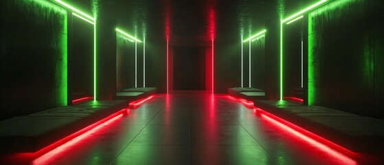A long hallway with red and green lights
