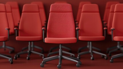 A collection of modern red office chairs arranged neatly, ideal for workspace and interior design concepts.