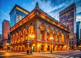 Stunning Lyric Opera House Exterior with Architectural Details and Vibrant Surroundings at Dusk