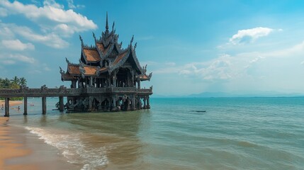 Obraz premium The tranquil Sanctuary of Truth, a majestic wooden temple with intricate carvings by the sea in Chonburi.