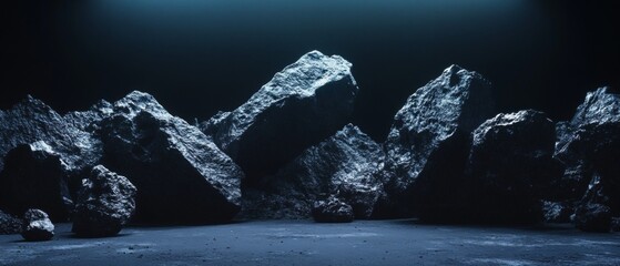 A rocky landscape with a dark blue sky