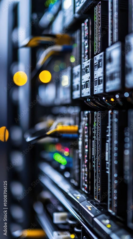 Poster detailed view of a modern server rack with illuminated components showcasing technology and data man