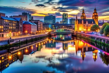 Obraz premium Stunning Night View of Glasgow Cityscape Illuminated by Vibrant Lights and Reflective Waters at Dusk