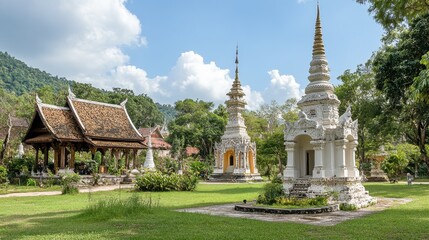 Fototapeta premium The tranquil setting of Wat Tham Khao Noi, with its intricate pagodas and peaceful gardens.