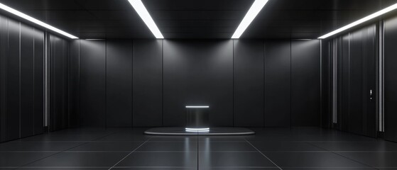A large, empty room with a silver object in the center
