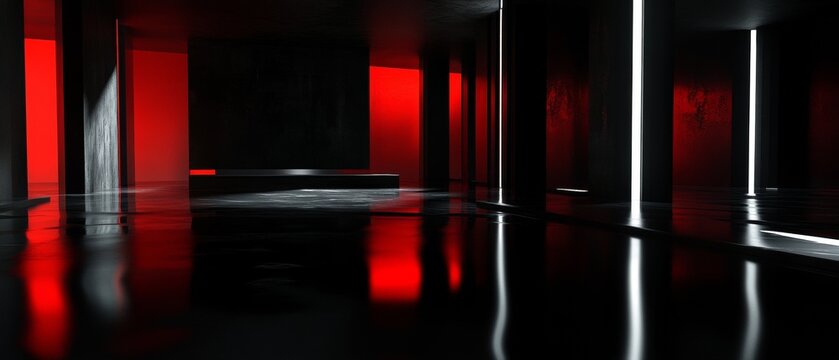 A black and red room with a red wall and a red floor
