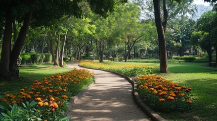 The vibrant flowers and peaceful pathways at Bueng Kaen Nakhon Park, a perfect spot for relaxation.