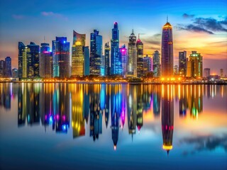 Obraz premium Stunning Qatar Skyline at Dusk with Illuminated Towers and Reflective Water in Vibrant Cityscape