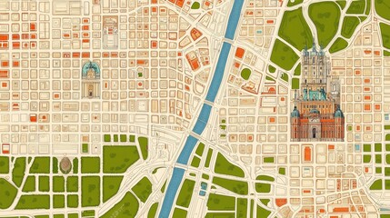 Obraz premium Colorful abstract map illustration showcasing urban layout, architecture, and waterways in an artistic style.