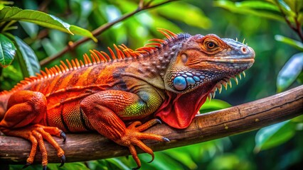 Fototapeta premium Stunning Red Iguana Relaxing on a Branch Surrounded by Lush Green Foliage in Nature's Beauty