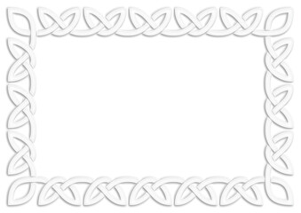 Simple Celtic frame, white. Linear border made with Celtic knots, which looks like a plaster ornament, for use in St. Patrick's Day designs.