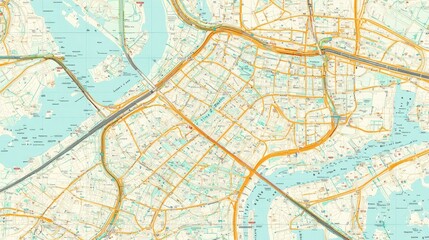 Detailed city map with waterways, roads, and grid patterns, ideal for travel planning or navigation.