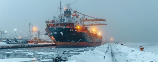 The image shows a large cargo ship docked at a port surrounded by frozen waters and icebergs.