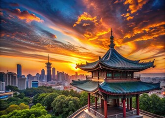 Stunning sunset view of a unique architectural structure against a colorful sky and city skyline