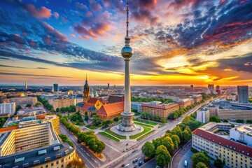 Fototapeta premium Stunning view of Alexanderplatz with iconic tower and vibrant city life in Berlin, Germany
