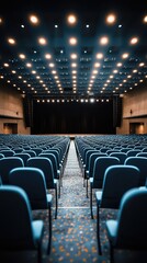 Naklejka premium Empty auditorium with blue chairs, bright lights, and a stage, ready for an event or performance.