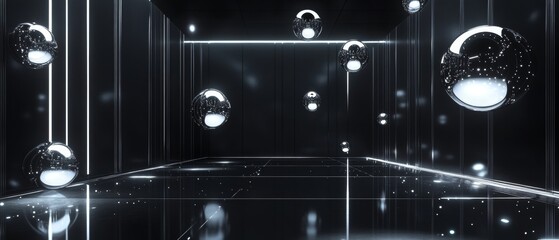 A black room with many shiny, reflective spheres hanging from the ceiling