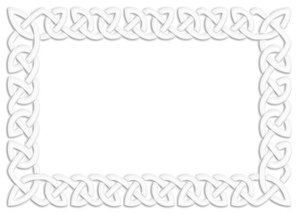 Simple Celtic knot frame, white. Linear border made with Celtic knots, which looks like a plaster ornament, for use in St. Patrick's Day designs.