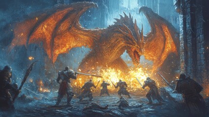 Epic battle between warriors and a fiery dragon in a dark fantasy realm, showcasing vivid flames and dramatic tension.